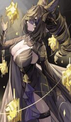  absurdres animal_ears backless_dress backless_outfit black_dress blindfold blue_hair breasts brown_hair cleavage cleavage_cutout clothing_cutout curly_hair dark_background dress extra_ears female galleon_(granblue_fantasy) galleon_(life&#039;s_compassionate_observer)_(granblue_fantasy) granblue_fantasy highres horns large_breasts long_hair looking_at_object multicolored_hair official_alternate_costume pointy_ears shiro_wa_(shiroshironix) solo streaked_hair 