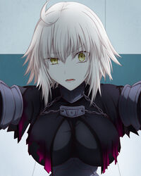  black_cape blonde_hair breasts cape fate/grand_order fate_(series) feather_trim female hair_between_eyes hasebe_akira highres jeanne_d&#039;arc_alter_(avenger)_(fate) jeanne_d&#039;arc_alter_(fate) kabedon medium_breasts raised_eyebrow short_hair solo yellow_eyes 