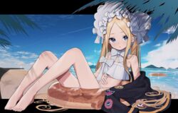  abigail_williams_(fate) abigail_williams_(swimsuit_foreigner)_(fate) abigail_williams_(swimsuit_foreigner)_(third_ascension)_(fate) bare_shoulders barefoot beach bikini black_jacket blonde_hair blue_eyes blue_sky blush bonnet bow breasts commentary fate/grand_order fate_(series) female forehead hairbow highres innertube jacket lazu0721 legs long_hair looking_at_viewer miniskirt outdoors palm_leaf parted_bangs sidelocks sitting skirt sky small_breasts solo swim_ring swimsuit toes twintails unworn_jacket very_long_hair white_bikini white_bow white_headwear 