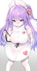  absurdres ahoge azur_lane bare_shoulders blush breasts clipboard closed_mouth commentary dress female hands_up harusame_mgmg3 hat heart highres holding holding_clipboard large_breasts long_hair looking_at_viewer nurse nurse_cap official_alternate_costume one_side_up pantyhose purple_eyes purple_hair short_dress sidelocks simple_background solo unicorn_(angelic_nurse)_(azur_lane) unicorn_(azur_lane) white_background white_dress white_pantyhose 