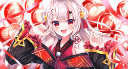  :d absurdres balloon bare_shoulders bell black_kimono blush_stickers double_bun female frilled_sleeves frills gradient_hair grey_hair hair_bell hair_bun hair_ornament heart_balloon highres hololive horns japanese_clothes jingle_bell karashi_(asarikarasi) kimono long_hair long_sleeves looking_at_viewer multicolored_hair nakiri_ayame nakiri_ayame_(1st_costume) oerba_yun_fang off_shoulder oni open_mouth red_eyes red_hair skin-covered_horns smile solo streaked_hair tassel two_side_up upper_body virtual_youtuber w_arms wide_sleeves 