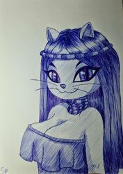  anthro ballpoint_pen big_breasts big_eyes breasts cat_city cicuska_(cat_city) clothed clothing enginseer_cyvius felid feline female hair hi_res long_hair mammal monochrome pen solo traditional_media_(artwork) whiskers 