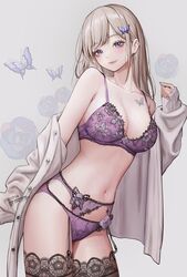  10_plus bare_shoulders black_thighhighs blonde_hair blue_eyes bra breasts bug butterfly butterfly_hair_ornament butterfly_tattoo cleavage collarbone commentary commission earrings female floral_print flower garter_belt grey_background hair_ornament hand_up heart heart_earrings highres jacket jacket_partially_removed jewelry lace-trimmed_bra lace-trimmed_panties lace-trimmed_thighhighs lace_trim long_hair looking_at_viewer medium_breasts nail_polish navel panties print_bra print_panties purple_bra purple_nails purple_panties real_life ruri_(model) skeb_commission solo stomach symbol-only_commentary tattoo thighhighs twitter_username underwear white_jacket 