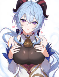  ahoge bare_shoulders bell blue_hair bodystocking breasts commentary curled_horns detached_sleeves female ganyu_(genshin_impact) genshin_impact goat_horns hair_between_eyes hands_up heart highres horns long_hair looking_at_viewer medium_breasts neck_bell parted_lips purple_eyes raku_(clearpage) solo twitter_username upper_body very_long_hair 