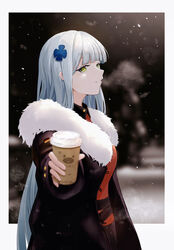  absurdres amamizu_shizuku blue_hair closed_mouth commentary_request cup disposable_coffee_cup disposable_cup female fur-trimmed_jacket fur_trim girls&#039;_frontline green_eyes highres hk416_(girls&#039;_frontline) holding holding_cup jacket long_hair looking_at_viewer md5_mismatch new_year partial_commentary profile snow snowflakes solo standing winter winter_clothes 