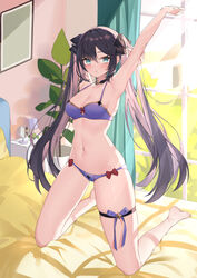  absurdres aqua_eyes armpits arms_up bare_legs barefoot bed black_hair black_ribbon blush bra breasts cleavage commentary curtains female genshin_impact hair_ribbon highres indoors kneeling large_breasts long_hair looking_at_viewer mona_(genshin_impact) navel no_headwear panties parted_lips purple_bra purple_panties ribbon solo stomach thigh_strap thighs twintails underwear underwear_only very_long_hair window yuia 