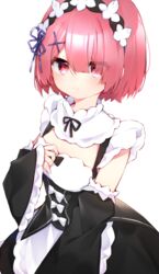  apron black_bow blue_eyes blush bow breasts cleavage closed_mouth commentary cowboy_shot detached_sleeves dress eringikinono female flower_knot frilled_sleeves frills hair_ornament hair_over_one_eye hair_ribbon highres long_sleeves looking_at_viewer maid maid_headdress pink_hair ram_(re:zero) re:zero_kara_hajimeru_isekai_seikatsu red_eyes ribbon roswaal_mansion_maid_uniform short_hair simple_background small_breasts solo white_apron white_background wide_sleeves x_hair_ornament 