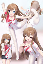  absurdres animal_print athletic_leotard ballet bike_shorts blue_eyes braid breasts brown_hair butterfly_print closed_eyes commentary_request cowboy_shot female full_body highres holding holding_clothes idolmaster idolmaster_million_live! kousaka_umi ktsecond leotard long_hair looking_at_viewer mirror multicolored_leotard multiple_views outstretched_arms pantyhose reflection side_braid small_breasts standing standing_on_one_leg star_(symbol) star_print sweat twin_braids white_footwear white_pantyhose 