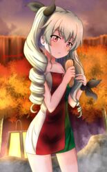  anchovy_(girls_und_panzer) anzio_(emblem) black_ribbon blurry blurry_background brushing_hair brushing_own_hair commentary cowboy_shot drill_hair emblem female flag_print girls_und_panzer green_hair hair_down hair_ribbon highres holding holding_brush italian_flag lantern long_hair looking_at_viewer naked_towel onsen outdoors parted_lips print_towel red_eyes redbaron ribbon rock solo standing steam towel tree twilight twin_drills twintails twitter_username wet 