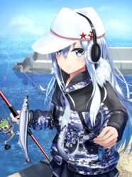  blue_jacket blue_sky camouflage camouflage_jacket cloud day earmuffs female fish fishing fishing_hook fishing_line fishing_rod flat_cap fusou_(fuso0205) grey_hair hammer_and_sickle hat hibiki_(kancolle) highres holding holding_fishing_rod jacket kantai_collection long_hair long_sleeves ocean official_alternate_costume outdoors pier saury sky smile solo star_(symbol) verniy_(kancolle) verniy_(saury_festival)_(kancolle) white_hat 