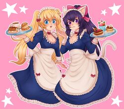  2girls :3 :p animal_ears bakeneko blonde_hair blue_eyes blue_hair bow breasts cat_ears cat_girl cat_tail commentary commission english_commentary food hairbow highres holding holding_tray lizlett_l._chelsie long_hair looking_at_viewer maid maid_headdress medium_breasts multiple_girls nanonator3 noihara_himari omamori_himari pink_background pink_bow ponytail purple_eyes smile star_(symbol) tail tongue tongue_out tray twintails very_long_hair waitress 