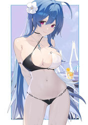  absurdres areola_slip arms_behind_back azur_lane bikini blue_hair blue_nails blush breasts bridge cleavage cocktail_glass cowboy_shot criss-cross_halter cup drinking_glass drinking_straw female flower groin hair_between_eyes hair_flower hair_ornament halterneck helena_(azur_lane) helena_(shimmering_triangle_wave)_(azur_lane) highres holding_own_arm jiuxiaocan_yin large_breasts leaning_to_the_side legs_apart long_hair looking_at_viewer looking_down medium_breasts nail_polish navel official_alternate_costume outdoors purple_eyes skin_tight smile solo swimsuit two-tone_bikini very_long_hair white_flower 