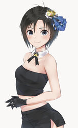  antenna_hair black_eyes black_gloves black_hair black_neckwear black_shorts blush breasts cleavage collar collarbone crop_top crown detached_collar female gloves hair_between_eyes hair_ornament half_gloves highres idolmaster idolmaster_(classic) idolmaster_2 kikuchi_makoto looking_at_viewer mini_crown mogskg short_hair shorts side_slit side_slit_shorts simple_background small_breasts smile solo standing strapless white_background white_collar 