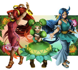  3girls :d ahoge arms_up bangle blue_eyes blue_hair blue_skirt book bracelet breasts brown_footwear chabo_tatumi circlet cleavage dark-skinned_female dark_skin din double_bun dress farore food fruit green_dress green_eyes green_hair hair_bun hair_ornament highres jewelry long_hair medium_breasts multiple_girls nayru neck_ring necklace open_mouth pointy_ears ponytail puffy_short_sleeves puffy_sleeves red_dress red_eyes red_hair sandals shoes short_hair short_sleeves skirt sleeveless sleeveless_dress smile standing the_legend_of_zelda the_legend_of_zelda:_oracle_of_ages the_legend_of_zelda:_oracle_of_seasons 