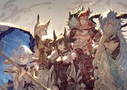  2boys 3girls abs animal_ears black_dress blonde_hair blue_eyes blue_hair book breasts brown_hair brown_jacket closed_eyes dark-skinned_female dark_skin detached_sleeves dress ewiyar_(granblue_fantasy) extra_ears fediel_(granblue_fantasy) feline galleon_(granblue_fantasy) glasses granblue_fantasy grey_hair holding holding_book holding_umbrella horns jacket large_breasts long_hair lu_woh_(granblue_fantasy) multiple_boys multiple_girls muramitsu_(d3jgv) necktie orange_eyes pants pink_eyes pointy_ears red_hair red_pants short_hair simple_background topless_male umbrella wamdus_(granblue_fantasy) white_dress white_pants wilnas_(granblue_fantasy) yellow_eyes yellow_necktie 