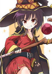  belt black_cape black_gloves breasts brown_hair cape commentary dress female fingerless_gloves gloves grin hat holding holding_staff kono_subarashii_sekai_ni_shukufuku_wo! looking_at_viewer mage_staff megumin red_dress red_eyes short_dress short_hair short_hair_with_long_locks small_breasts smile solo spice_mega staff witch_hat 