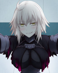  ahoge blonde_hair blush breasts fate/grand_order fate_(series) feather_trim female hair_between_eyes hasebe_akira highres jeanne_d&#039;arc_alter_(avenger)_(fate) jeanne_d&#039;arc_alter_(fate) kabedon looking_at_viewer medium_breasts short_hair smirk solo yellow_eyes 