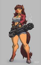  2021 5_fingers anthro belt bottomwear breasts brown_hair cleavage clothed clothing crop_top cutoffs denim denim_bottomwear denim_clothing equid equine female fingerless_gloves fingers fur gatling_gun gloves green_eyes grey_background gun hair handwear hi_res holding_object holding_weapon hooves horse jacket jewelry long_hair machine_gun mammal middy_(midrushnic) midriff minigun necklace ranged_weapon rawslaw5 shirt shorts signature simple_background smile smirk smoke solo tan_body tan_fur topwear weapon 