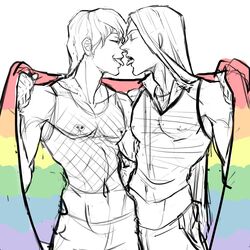  2boys absurdres barbell_piercing closed_eyes clothes_lift flag highres hisoka_morow holding holding_flag hunter_x_hunter hxhanjo illumi_zoldyck lgbt_pride long_hair male_focus multiple_boys nipple_bar nipple_piercing nipples partially_colored piercing rainbow_flag shirt_lift short_hair simple_background tongue tongue_out yaoi 