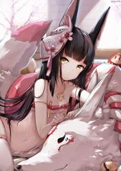  animal_ear_fluff animal_ears azur_lane bare_shoulders black_hair blush breasts brown_eyes cherry_blossoms commentary_request daruma_doll female fox fox_ears fox_girl fox_mask hair_between_eyes hair_ornament jewelry long_hair looking_at_viewer lying mask mask_on_head nagato_(azur_lane) nagato_(great_fox&#039;s_respite)_(azur_lane) navel necklace nekoya_(liu) official_alternate_costume on_side panties partial_commentary ribbon-trimmed_legwear ribbon_trim solo thighhighs underwear very_long_hair white_thighhighs yellow_eyes 