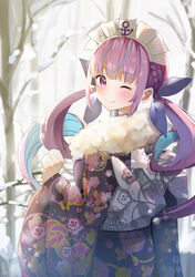  ;&gt; absurdres ahoge anchor_print anchor_symbol bare_tree blue_hair blue_ribbon blunt_bangs blurry blurry_background blush braid closed_mouth colored_inner_hair commentary_request day drill_hair female floral_print french_braid from_behind fur_scarf hair_ribbon highres hololive japanese_clothes kimono long_hair long_sleeves looking_at_viewer looking_back maid_headdress minato_aqua multicolored_hair one_eye_closed outdoors purple_eyes purple_hair rei_(ilust9999) ribbon sidelocks snow solo streaked_hair tree twin_drills two-tone_hair virtual_youtuber white_headwear wide_sleeves 