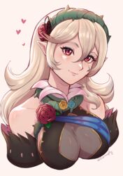  bare_shoulders breasts cleavage corrin_(female)_(fire_emblem) corrin_(female)_(resplendent)_(fire_emblem) corrin_(fire_emblem) evomanaphy female fire_emblem fire_emblem_fates fire_emblem_heroes flower hair_between_eyes hair_flower hair_ornament heart highres long_hair looking_at_viewer official_alternate_costume pointy_ears red_eyes smile solo thorns twitter_username white_background white_hair 