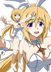  animal_ears blonde_hair bow bowtie breasts charlotte_dunois commentary_request covered_navel detached_collar female full_body highres infinite_stratos jewelry kuroda_ariake large_breasts leotard long_hair looking_at_viewer multiple_views necklace open_mouth outstretched_arms pendant playboy_bunny purple_eyes rabbit_ears rabbit_tail strapless strapless_leotard tail upper_body white_bow white_bowtie white_footwear white_leotard wrist_cuffs zoom_layer 