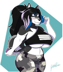  2020 anthro big_breasts blush breasts canid canine canis clothing domestic_dog eyewear female glasses hair husky jwinkz mammal nordic_sled_dog signature smile solo spitz vanessa_(ericthelombax) 