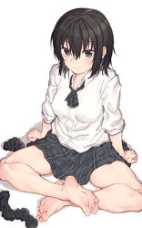  absurdres barefoot batatata77 black_hair black_socks blush breasts closed_mouth collared_shirt commentary_request feet female full_body greek_toe grey_eyes grey_necktie grey_skirt hair_between_eyes highres indian_style legs looking_at_viewer medium_breasts medium_hair necktie original plaid plaid_necktie plaid_skirt school_uniform shirt sidelocks simple_background sitting skirt sleeves_rolled_up smile socks soles solo thighs toes unworn_socks white_background white_shirt 