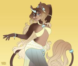  2021 anthro breasts charmrage digital_media_(artwork) ear_piercing equid equine eyebrows eyelashes female horn mammal mythological_creature mythological_equine mythology open_mouth piercing simple_background smile solo standing teeth tongue unicorn yellow_background 