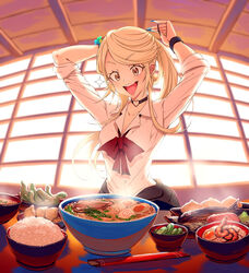  absurdres adjusting_hair arms_behind_head arms_up baozi blonde_hair blue_nails bow bowl bowtie chopsticks clip_studio_paint_(medium) collared_shirt commission cucumber cucumber_slice dumpling ear_piercing egg egg_(food) eudetenis female fingernails fish_(food) food grilled_fish happy heart_collar highres kamaboko long_fingernails long_hair miso_soup narutomaki noodles open_mouth original parsley piercing pov_across_table ramen red_bow red_bowtie rice_bowl saliva scrunchie shirt shrimp sleeves_rolled_up sliced_meat softboiled_egg solo sparkle steam table teeth tongue upper_body upper_teeth_only very_long_fingernails white_shirt wooden_ceiling wristband yellow_eyes 