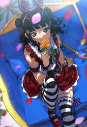  black_hair female flower from_above green_eyes hair_ribbon headband highres icehotmilktea idol kurosawa_dia looking_up love_live! love_live!_sunshine!! red_footwear ribbon rose sitting solo striped_clothes striped_thighhighs thighhighs twintails 