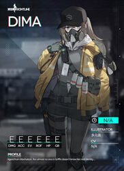  alternate_costume april_fools armband artist_name backpack bag baseball_cap belt black_pantyhose black_skirt blue_eyes brown_hair buckle character_name character_profile commentary copyright_name costume dima_(girls&#039;_frontline) duoyuanjun english_commentary english_text explosive female gas_mask girls&#039;_frontline gloves grenade grey_gloves grey_shirt hat holster holstered jacket knee_pads long_hair looking_at_viewer mask official_art pantyhose promotional_art shirt skirt snap-fit_buckle solo tactical_clothes thigh_holster tom_clancy&#039;s_the_division walkie-talkie watch wristwatch yellow_jacket 