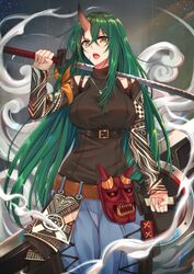  absurdres alternate_costume arknights bare_shoulders belt breasts brown_belt collarbone commentary_request female green_hair gu_li hair_between_eyes highres holding holding_sword holding_weapon horned_mask horns hoshiguma_(arknights) hoshiguma_(ronin_huntress)_(arknights) katana large_breasts long_hair looking_at_viewer mask official_alternate_costume open_mouth shirt single_horn skin-covered_horns solo steam sword teeth unworn_mask upper_teeth_only weapon 