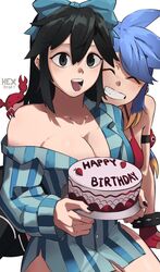  2girls black_eyes black_hair black_nails blonde_hair blue_bow blue_hair borrowed_character bow breasts cake cleavage cowboy_shot crab fingerless_gloves food gloves hairbow happy_birthday hex_rkgk highres holding holding_cake holding_food long_sleeves lucia_(scott_malin) medium_breasts mole mole_under_eye multicolored_hair multiple_girls off_shoulder open_mouth original red_gloves shadow shirt simple_background smile stray_(scott_malin) striped_clothes striped_shirt two-tone_hair white_background 