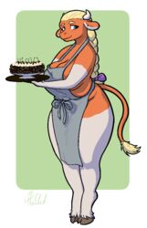  2022 anthro apron apron_only big_breasts blue_eyes bovid bovine braided_hair breasts cake cattle clothed clothing curvy_figure dessert digital_media_(artwork) eyebrows eyelashes fan_character female food haibet hair hi_res horn huge_breasts long_hair looking_at_viewer maita_(character) mammal mostly_nude simple_background smile solo standing thick_thighs topwear wide_hips 