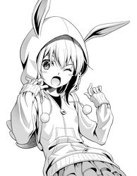  animal_ears animal_hood backpack bag baselard blush_stickers commentary_request cowboy_shot fake_animal_ears female frame_arms_girl greyscale hood hooded_jacket jacket layered_skirt long_hair looking_at_viewer monochrome one_eye_closed pinakes rabbit_ears rabbit_hood skirt sleeves_past_wrists solo 