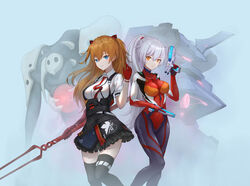  2girls arepko bident black_legwear black_skirt blue_background blue_eyes breasts brown_hair cleavage closed_mouth cosplay crossover dual_wielding evangelion:_3.0_you_can_(not)_redo gloves gun hair_between_eyes hair_ornament hair_ribbon handgun highres holding holding_gun holding_polearm holding_weapon honkai_(series) honkai_impact_3rd kiana_kaslana kiana_kaslana_(void_drifter) lance_of_longinus_(evangelion) long_hair looking_at_viewer mecha mechanical_arms multiple_girls necktie neon_genesis_evangelion plugsuit polearm polo_shirt ponytail rebuild_of_evangelion red_gloves red_necktie ribbon robot sachiel_(evangelion) shirt short_hair single_mechanical_arm skirt smile souryuu_asuka_langley souryuu_asuka_langley_(cosplay) spear thighhighs trigger_discipline weapon white_hair white_shirt yellow_eyes 