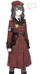  absurdres armband belt beret black_necktie blue_eyes boots buttons closed_mouth coat collared_shirt commentary dated_commentary feet_out_of_frame female female_commander_(girls&#039;_frontline) girls&#039;_frontline griffin_&amp;_kryuger_military_uniform hat highres holster medium_hair necktie pantyhose rampart1028 red_coat red_hat shirt shoshinsha_mark simple_background sleeve_cuffs solo speech_bubble spoken_expression white_background white_shirt 