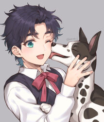  1boy ;d aged_down animal artist_name blue_eyes blue_hair blue_vest bow bowtie canine commentary_request danny_(jojo) great_dane grey_background happy highres jojo_no_kimyou_na_bouken jonathan_joestar licking licking_another&#039;s_cheek licking_another&#039;s_face long_sleeves male_focus nerune_j one_eye_closed open_mouth petting phantom_blood red_bow red_bowtie shirt short_hair simple_background smile twitter_username upper_body vest white_shirt 