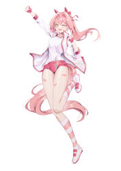  absurdres animal_ears bandaid bandaid_on_leg bow bulma_briefs buruma ear_bow ear_covers female flower-shaped_pupils flower_in_eye gloves gym_uniform haru_urara_(bestest_prize)_(umamusume) haru_urara_(umamusume) headband highres horse_ears horse_girl horse_tail narukamitooru pink_buruma pink_hair pink_headband red_buruma red_gloves red_headband symbol-shaped_pupils symbol_in_eye tail umamusume 