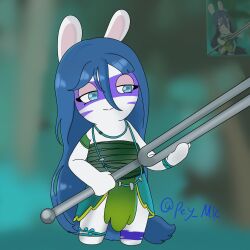  1:1 2024 allegra_(mario_plus_rabbids) anthro arms_bent artist_name bangs blue_anklet blue_eyes blue_hair blue_pupils blue_wristband blurred_background bodypaint closed_smile clothed clothed_anthro clothed_female clothing colored crossover digital_drawing_(artwork) digital_media_(artwork) dress eyelashes face_paint featureless_legs female female_anthro flat_colors full-length_portrait fur green_clothing green_dress green_wristband hair handwear hi_res holding_object holding_tuning_fork jewelry lagomorph leaf_dress light lighting long_hair mammal mario_plus_rabbids_sparks_of_hope mittens mouth_closed necklace nintendo noseless peypey_mei1925 portrait pupils rabbid raving_rabbids rayman_(series) redraw reference_image shaded smile solo straight_legs tan_eyelids text tuning_fork ubisoft white_body white_fur 