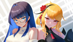  2girls armpit_crease bare_shoulders black-framed_eyewear black_hair black_kimono black_sleeves blonde_hair blue_eyes blue_hair breasts colored_inner_hair dated detached_sleeves dreamoon-q flower glasses hair_flower hair_intakes hair_ornament highres hololive hololive_english hololive_indonesia japanese_clothes kaela_kovalskia kaela_kovalskia_(new_year) kanzashi kimono large_breasts light_blush long_hair looking_at_viewer multicolored_hair multiple_girls neck_tassel official_alternate_costume official_alternate_hairstyle ouro_kronii ouro_kronii_(casual) portrait red_eyes red_flower semi-rimless_eyewear shirt short_hair side-by-side sidelocks signature sleeveless sleeveless_kimono sleeveless_shirt smile two-tone_hair under-rim_eyewear virtual_youtuber white_shirt white_sleeves 