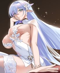  absurdres albion_(azur_lane) albion_(scent_of_spring_in_the_red_pavilion)_(azur_lane) azur_lane backless_dress backless_outfit breasts butterfly_hair_ornament covered_navel covered_nipples dress female hair_ornament hand_up highres lace-trimmed_thighhighs long_hair long_pointy_ears official_alternate_costume pointy_ears revealing_clothes saki_(remainaddd) see-through see-through_dress sideboob sitting sleeveless sleeveless_dress solo thighhighs white_dress white_hair white_thighhighs 