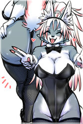  2:3 anthro ass big_breasts big_butt bow_tie breasts canid canine canis closed_eyes clothing ear_tuft female fishnet_clothing fishnet_legwear fur grey_body grey_fur hair hi_res kemono legwear mammal okami_bark one_piece_suit ookamiwaho pawpads playboy_bunny ponytail simple_background smile smiling_at_viewer solo tail tuft white_background white_body white_breasts white_fur white_hair white_hands white_tail wide_hips wolf 