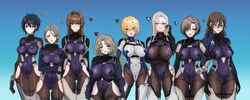  6+girls :d absurdres armored_core armored_core_6 bags_under_eyes black_hair blue_eyes blush bodysuit breasts brown_hair character_request cigarette covered_navel flying genderswap_(mtf) glasses gloves green_eyes grey_hair hand_on_own_hip highres hominamia large_breasts long_hair looking_at_viewer medium_breasts mole mole_under_eye multiple_girls pilot_suit purple_bodysuit purple_eyes rule_63 scar scar_on_face short_hair skin_tight smile sweatdrop v.i_freud v.ii_snail v.iii_o&#039;keeffe v.iv_rusty v.v_hawkins v.vi_maeterlinck v.vii_swinburne v.viii_pater white_gloves 