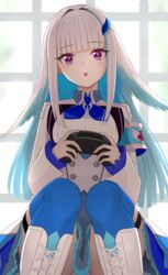  aqua_hair blue_thighhighs blunt_bangs boots colored_inner_hair commentary_request controller female game_controller grey_hair highres holding holding_controller holding_game_controller indoors knees_together_feet_apart lize_helesta long_hair long_sleeves looking_at_viewer multicolored_hair nijisanji open_mouth purple_eyes shirt sitting solo thigh_strap thighhighs tonton_utaro virtual_youtuber white_shirt 