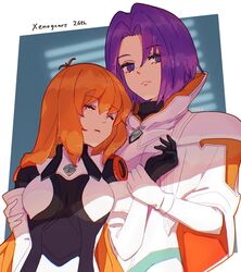  2girls anniversary black_gloves blue_background bodysuit border breasts closed_mouth commentary elhaym_van_houten eyelashes gloves highres light_smile long_hair medium_hair miang_hawwa multiple_girls naekam open_mouth orange_hair parted_lips purple_eyes purple_hair upper_body white_border xenogears 