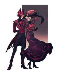  1boy alastor_(hazbin_hotel) animification arm_behind_back black_sclera closed_eyes colored_sclera demon_boy demon_girl dress evil_grin evil_smile female grin hazbin_hotel highres jelly_bear2 looking_at_another red_dress red_eyes red_hair red_headwear red_suit rosie_(hazbin_hotel) sharp_teeth smile suit teeth white_hair 