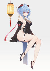  adapted_costume adelie_cat ahoge bare_shoulders bell between_legs black_dress black_footwear blue_hair breasts china_dress chinese_clothes cleavage closed_mouth cosplay cowbell detached_sleeves dress female full_body ganyu_(genshin_impact) ganyu_(twilight_blossom)_(genshin_impact) genshin_impact goat_horns hair_bun hand_between_legs high_heels highres horns invisible_chair ladder_cutout lantern large_breasts long_hair long_sleeves looking_at_viewer neck_bell no_panties no_pupils paper_lantern pelvic_curtain puffy_sleeves purple_eyes see-through see-through_cleavage short_dress sideboob sideless_outfit sitting sleeveless sleeveless_dress solo strappy_heels tassel thigh_strap thighs wavy_hair 